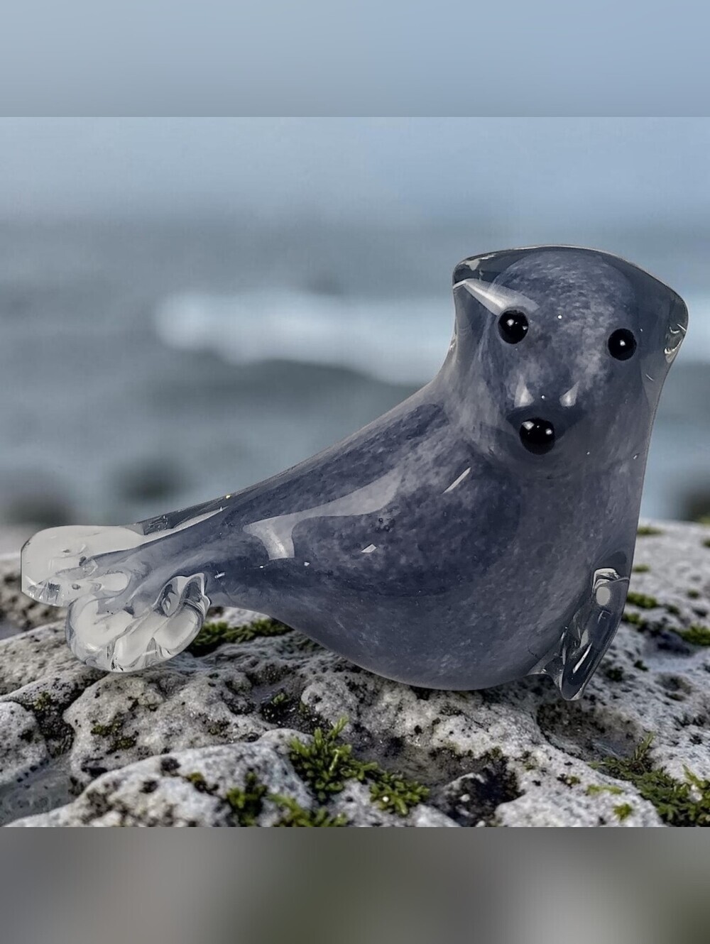 Hand Blown Art Glass Seal Gray Cased Figurine Paperweight Thick Pane Sea Mammal